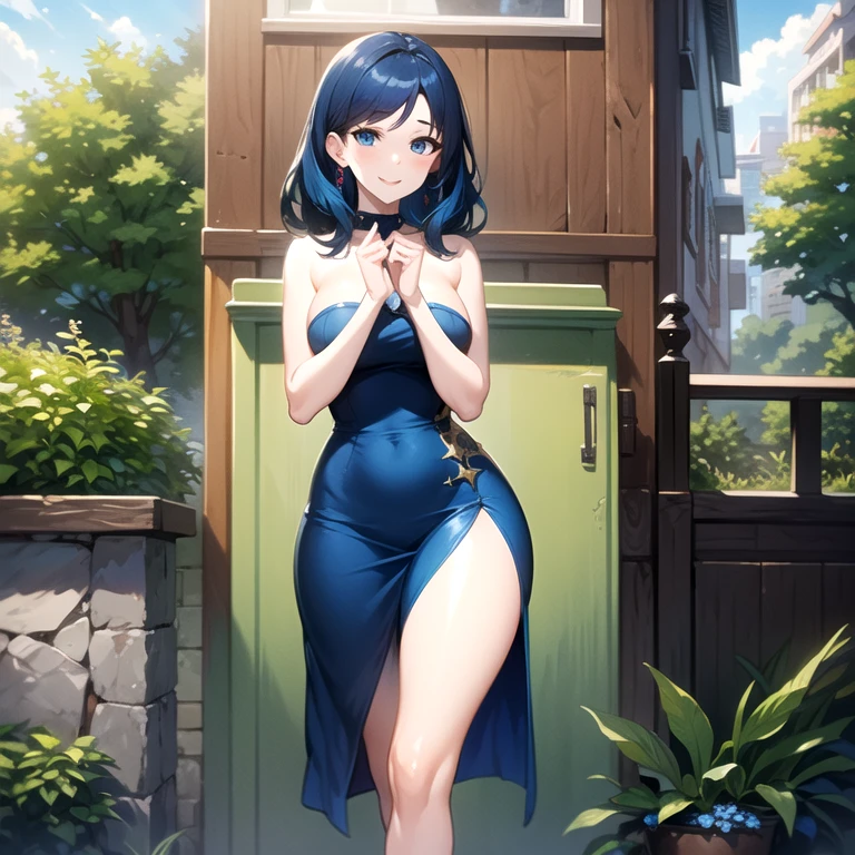 1girl, solo, mature female, milf, motherly, older female, dark skin, wavy hair, short hair, blue hair, blue eyes, swept bangs, blue dress, strapless dress, tube dress, blue high heels, smile, standing, hands on hips, looking at viewer, outdoors