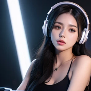 female DJ, headphones, long black hair, big-breasted, nightclub, looking at viewer