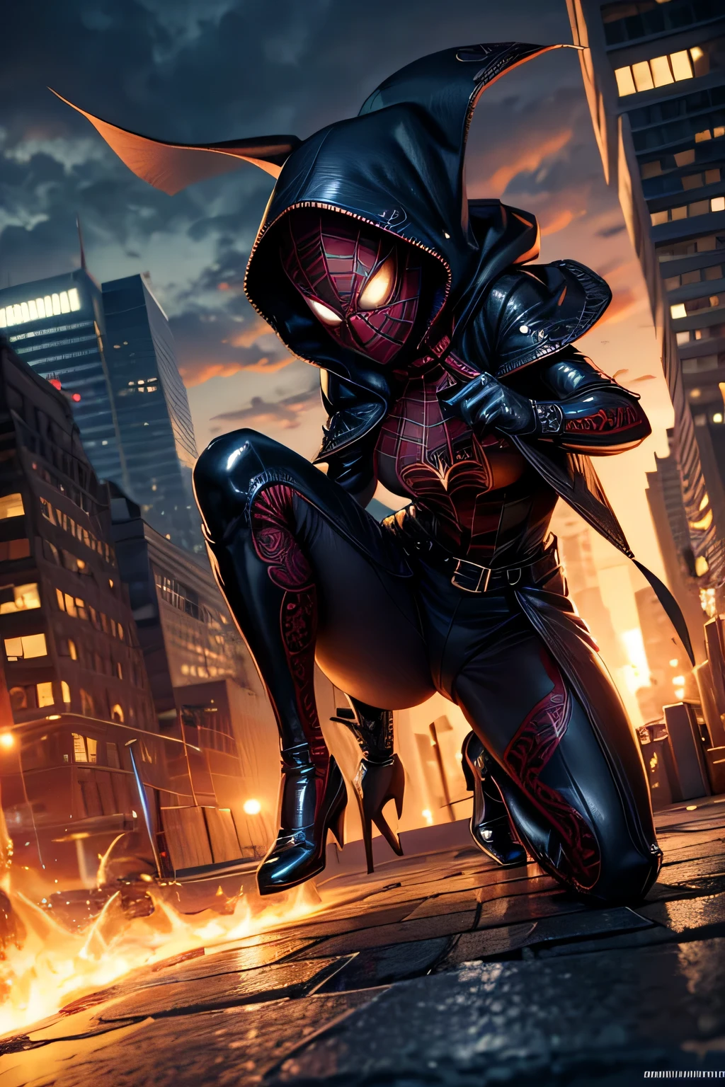 Superhero Spidergirl, dark vintage spider costume, dark long trenchcoat, covered face,on roof, combat stance, highly detailed, vibrant appearance, creative behavior, extremly detailed, imaginative, , spontaneous, highest quality, skin texture, intricate details, (cinematic lighting), RAW photo, 8k, masterpiece,best quality,ultra-detailed,very detailed illustrations,extremely detailed,intricate details,highres,super complex details,extremely detailed 8k cg wallpaper,