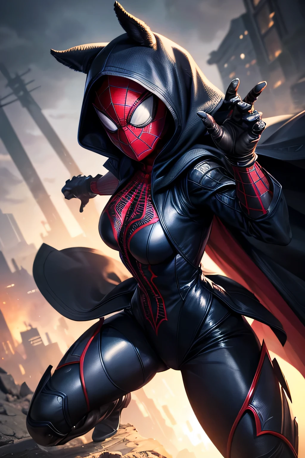 Superhero Spidergirl, dark vintage spider costume, dark long trenchcoat, covered face,on roof, combat stance, highly detailed, vibrant appearance, creative behavior, extremly detailed, imaginative, , spontaneous, highest quality, skin texture, intricate details, (cinematic lighting), RAW photo, 8k, masterpiece,best quality,ultra-detailed,very detailed illustrations,extremely detailed,intricate details,highres,super complex details,extremely detailed 8k cg wallpaper,