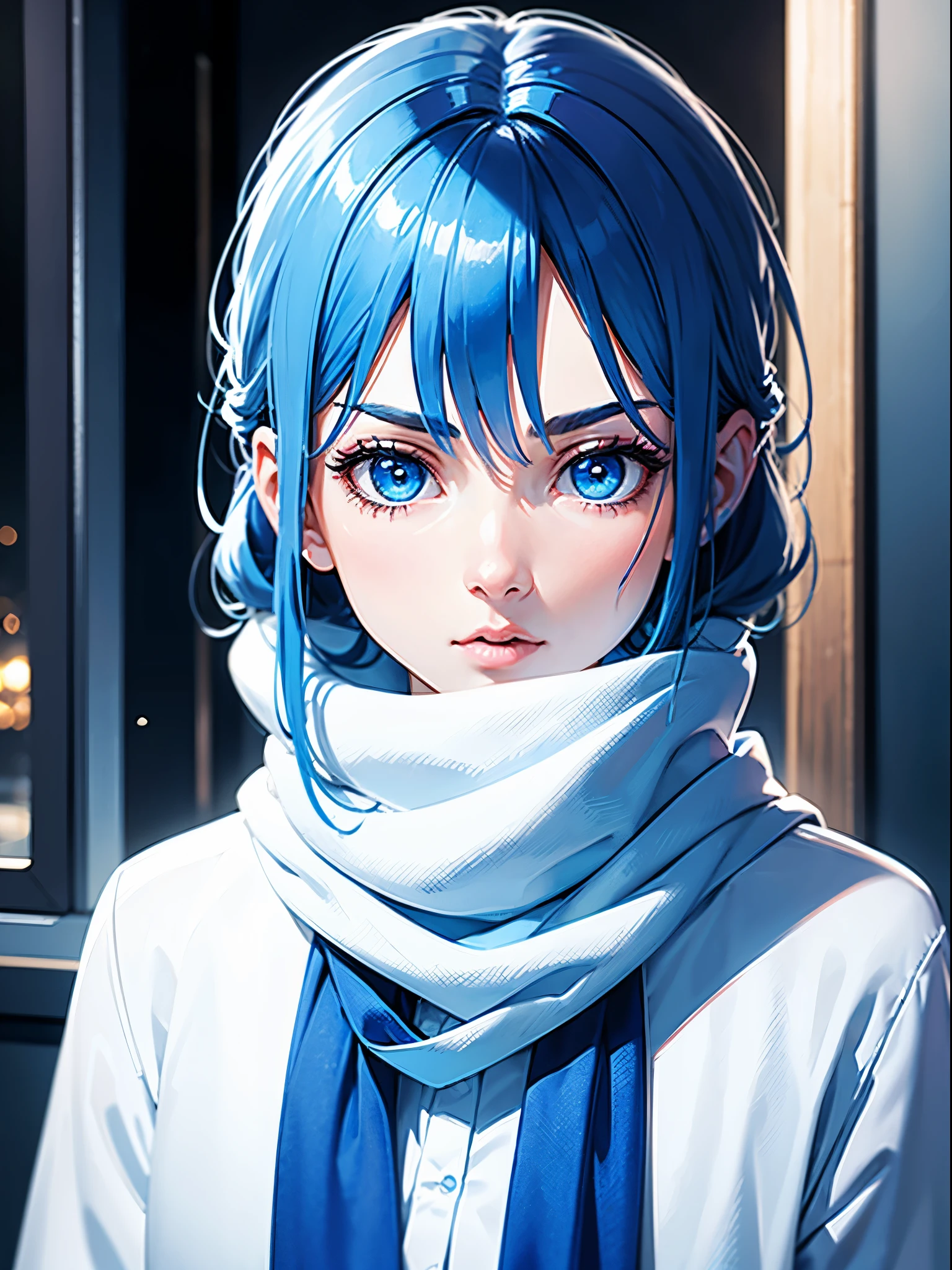 Girl, blue hair, blue eyes, white skin, looks sideways, blue clothes, solo, blue scarf cover her mouth, 1person, only upperbody and face, look in the background, not look in the camera