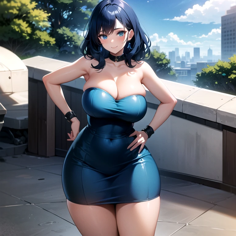 1girl, solo, mature female, milf, motherly, older female, dark-skinned female, dark skin, gyaru, wavy hair, short hair, blue hair, blue eyes, swept bangs, large breasts, blue dress, strapless dress, tube dress, blue high heels, smile, standing, hands on hips, looking at viewer, outdoors