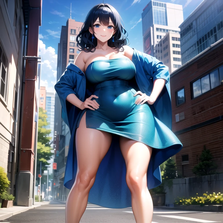 1girl, solo, mature female, milf, motherly, older female, dark-skinned female, dark skin, (gyaru), wavy hair, short hair, blue hair, blue eyes, swept bangs, large breasts, blue dress, strapless dress, tube dress, blue high heels, smile, standing, hands on hips, looking at viewer, outdoors