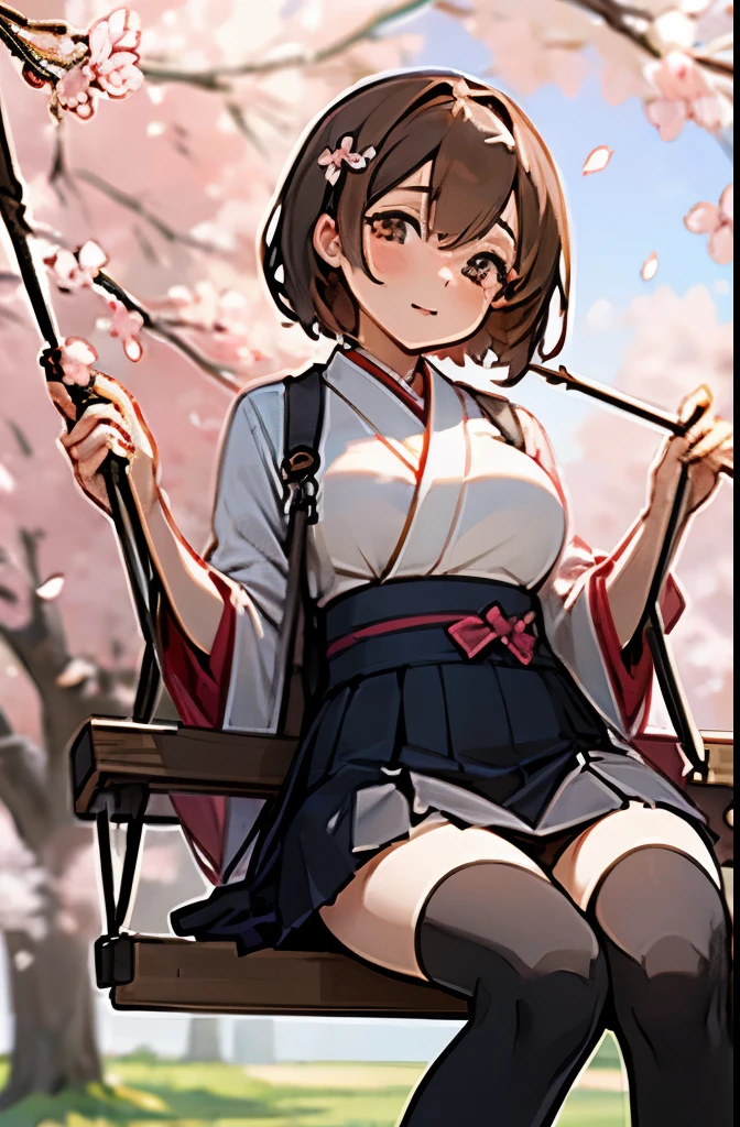female student,Cherry blossoms falling in the background,girl sitting on swing,wear in stockings,Have beautiful eyes,fleet style,oppai,Japanese cartoon