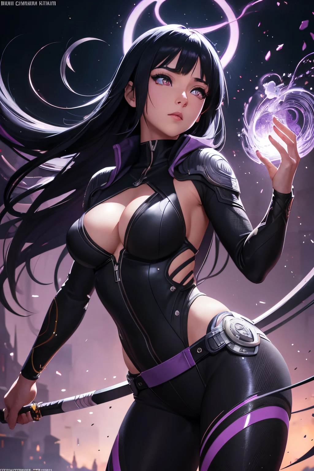 (Hinata Hyuga), black hair female ninja, Naruto Shippuden, violet irises and pupils, solid purple eyes, Carne Griffiths, Michael Garmash, Frank Frazetta, Castle Background, Jean Baptiste Monge, Victo Ngai, Detailed, Vibrant, Sharp Focus, Character Design, Wlop, Artgerm, Kuvshinov, Character Design, Unreal Engine , Pixar, Shiny Aura, TXAA, 32k, Fanbox, Highly Detailed, Dynamic Pose, Intricate Motifs, Organic Tracery, Perfect Composition.
