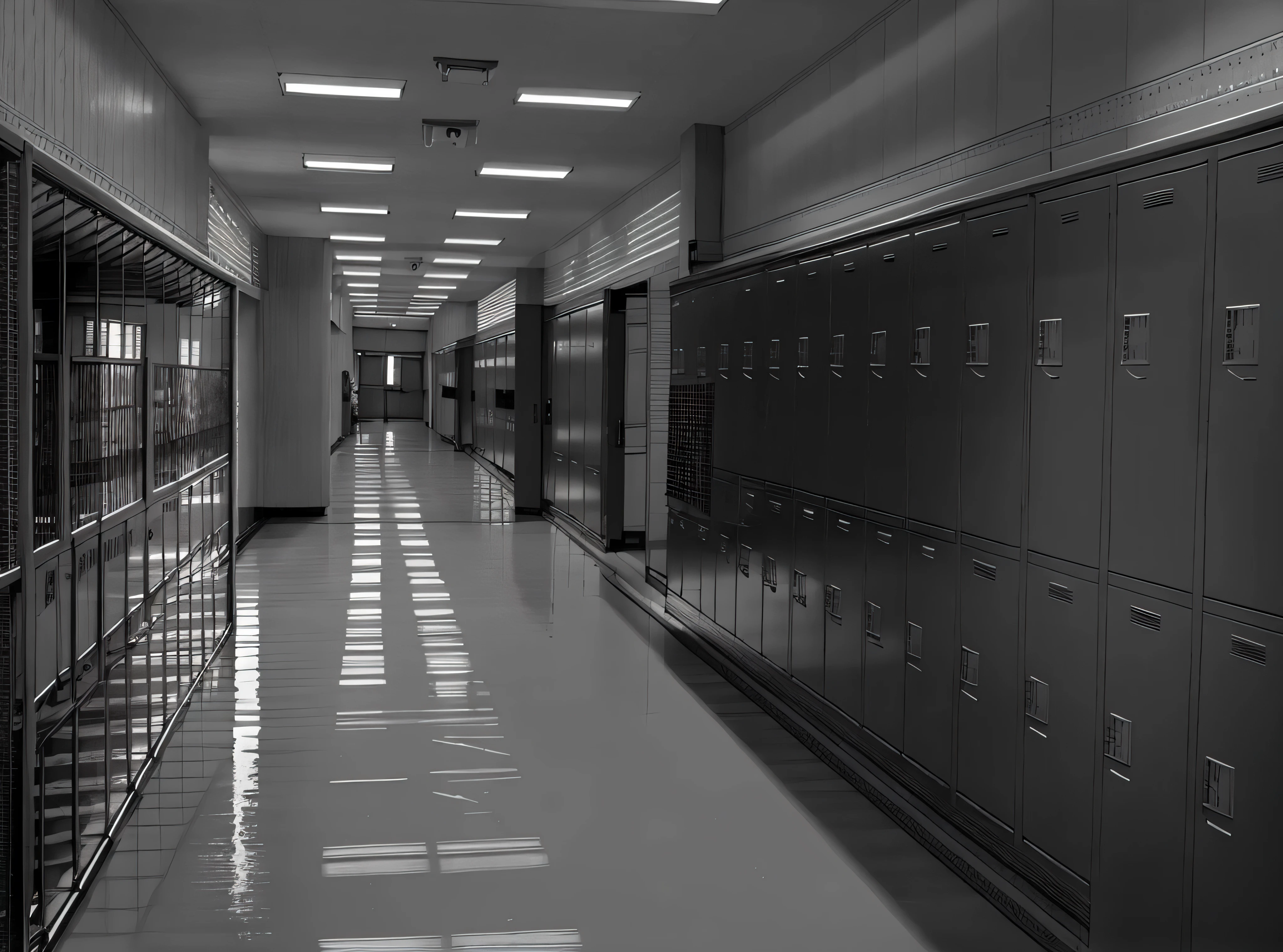 school hallway, high school, an empty hallway, hallways, lockers, long hallway, long hall way, adjacent hallways, , hallway, endless hallways, branching hallways, in the high school gym, an empty office hallway, infinite hallways line art, gray tones. manga
