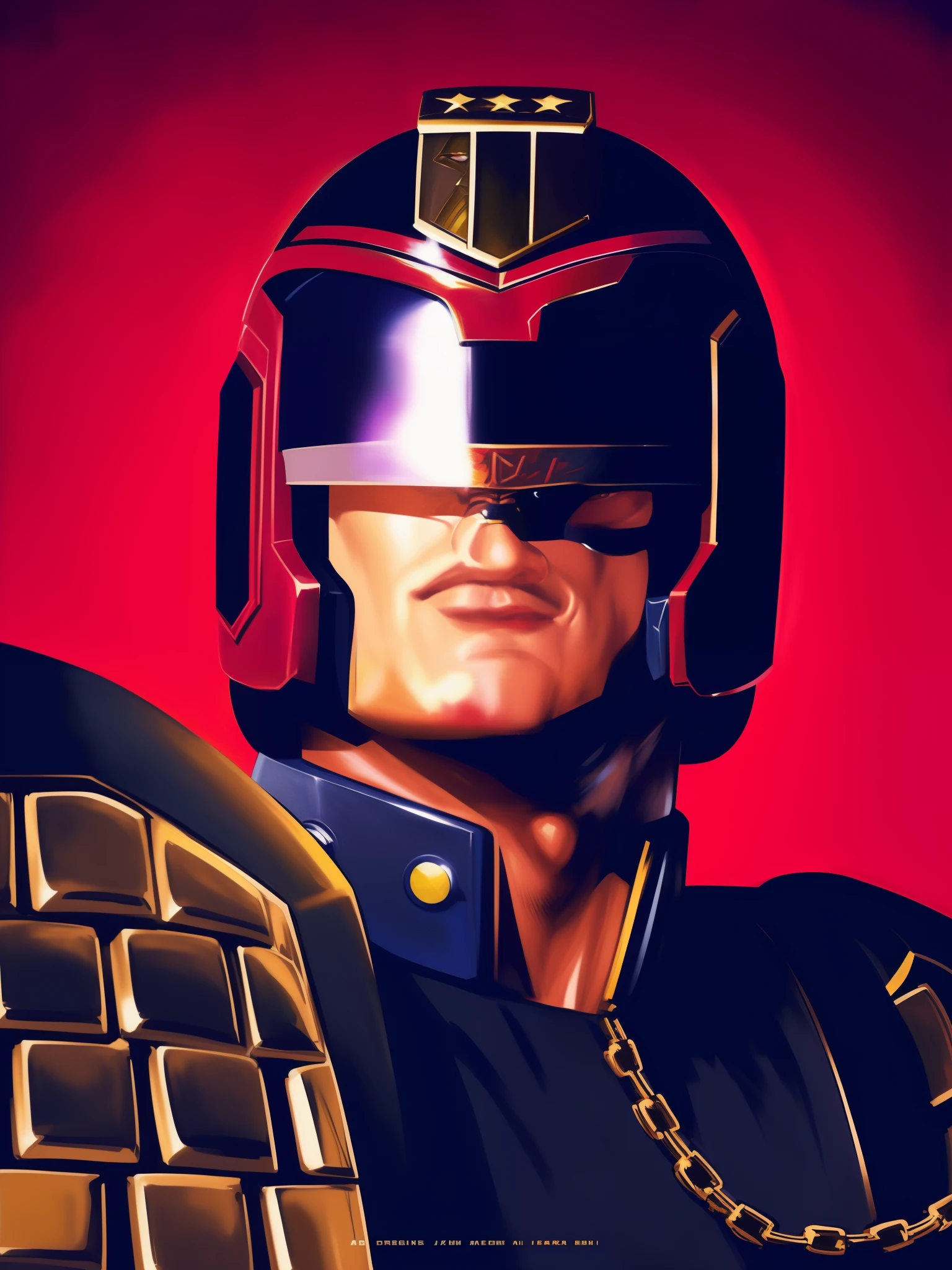 a close up of a man wearing a helmet and a gold chain, official judge dredd fanart, judge dredd, dredd, char aznable album art, textless, vibrant fan art, mazinger, magneto, robocop portrait, 8 0 s art, fan art, alex ross style, cyclops, inspired by Alex Ross