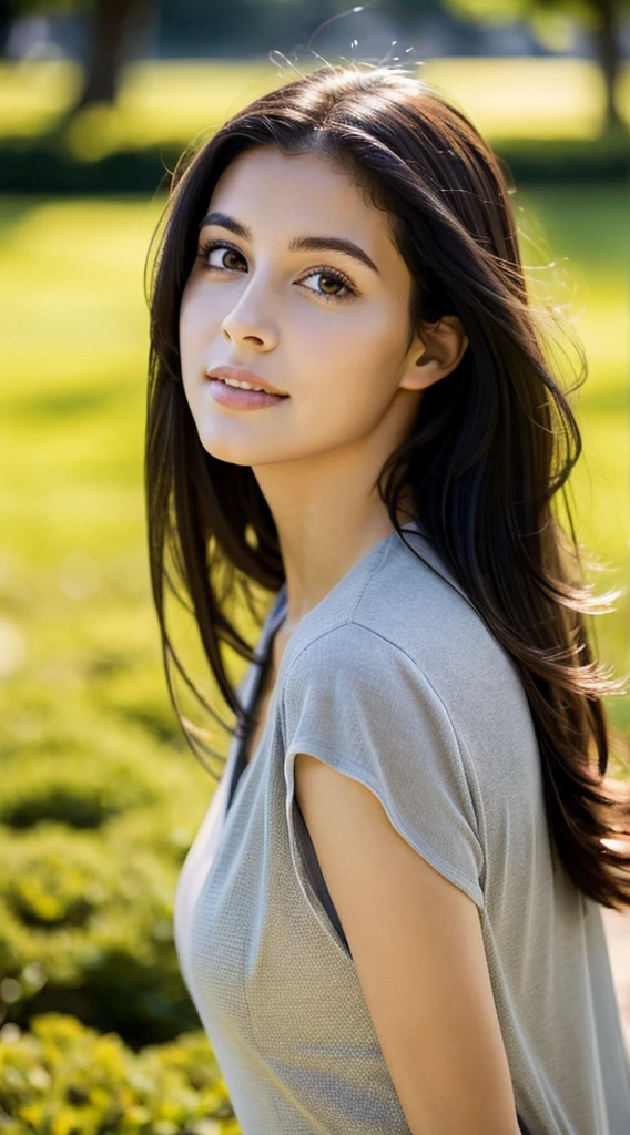 Photorealistic portrait of a 21-year-old mixed-race Colombian girl with long, flowing black hair and striking light-gray eyes. She should have a natural, approachable expression and be lit by soft, golden light. The background should be a picturesque outdoor setting, such as a sunny park or beach. Capture this image with a high-resolution photograph using an 85 mm lens for a flattering perspective.