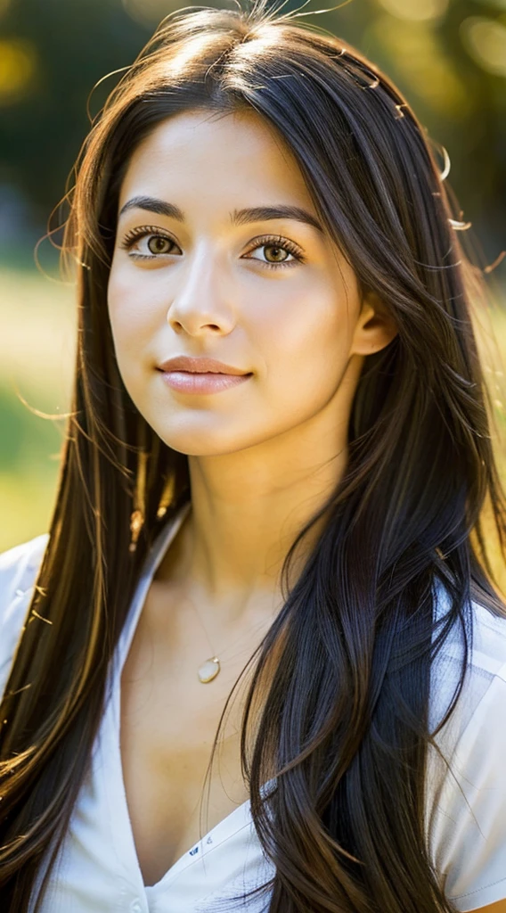 Photorealistic portrait of a 21-year-old mixed-race Colombian girl with long, flowing black hair and striking light-gray eyes. She should have a natural, approachable expression and be lit by soft, golden light. The background should be a picturesque outdoor setting, such as a sunny park or beach. Capture this image with a high-resolution photograph using an 85 mm lens for a flattering perspective.
