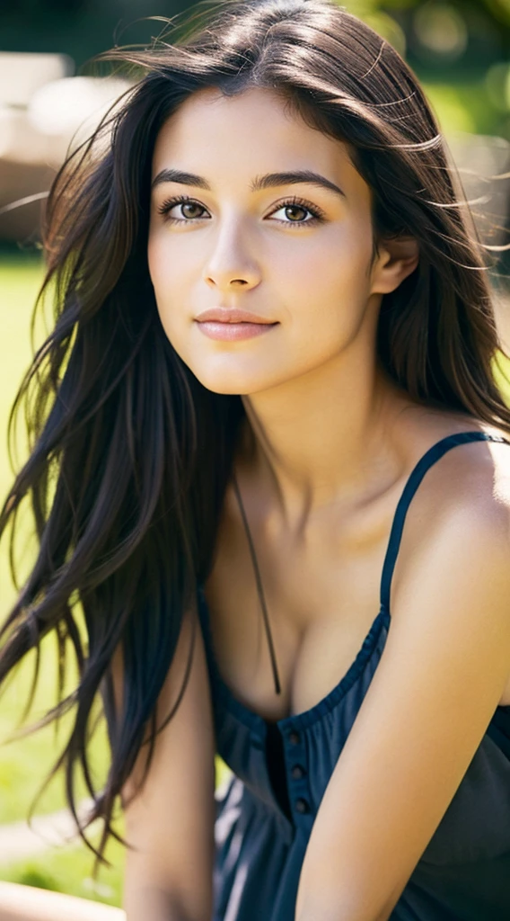 Photorealistic portrait of a 21-year-old mixed-race Colombian girl with long, flowing black hair and striking light-gray eyes. She should have a natural, approachable expression and be lit by soft, golden light. The background should be a picturesque outdoor setting, such as a sunny park or beach. Capture this image with a high-resolution photograph using an 85 mm lens for a flattering perspective.