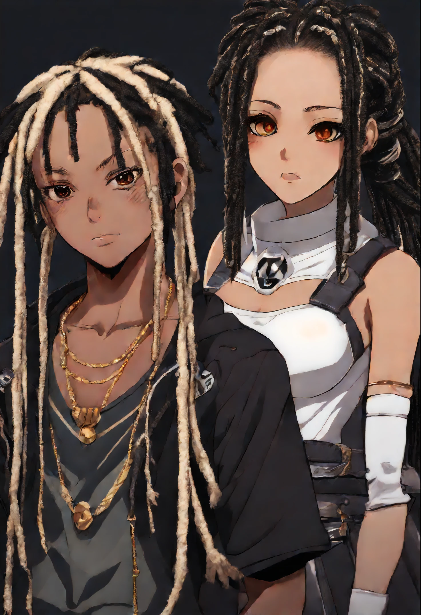 Two black anime characters, one is a boy with golden eyes and black and white dreads the other is a busty girl with braids and black eyes