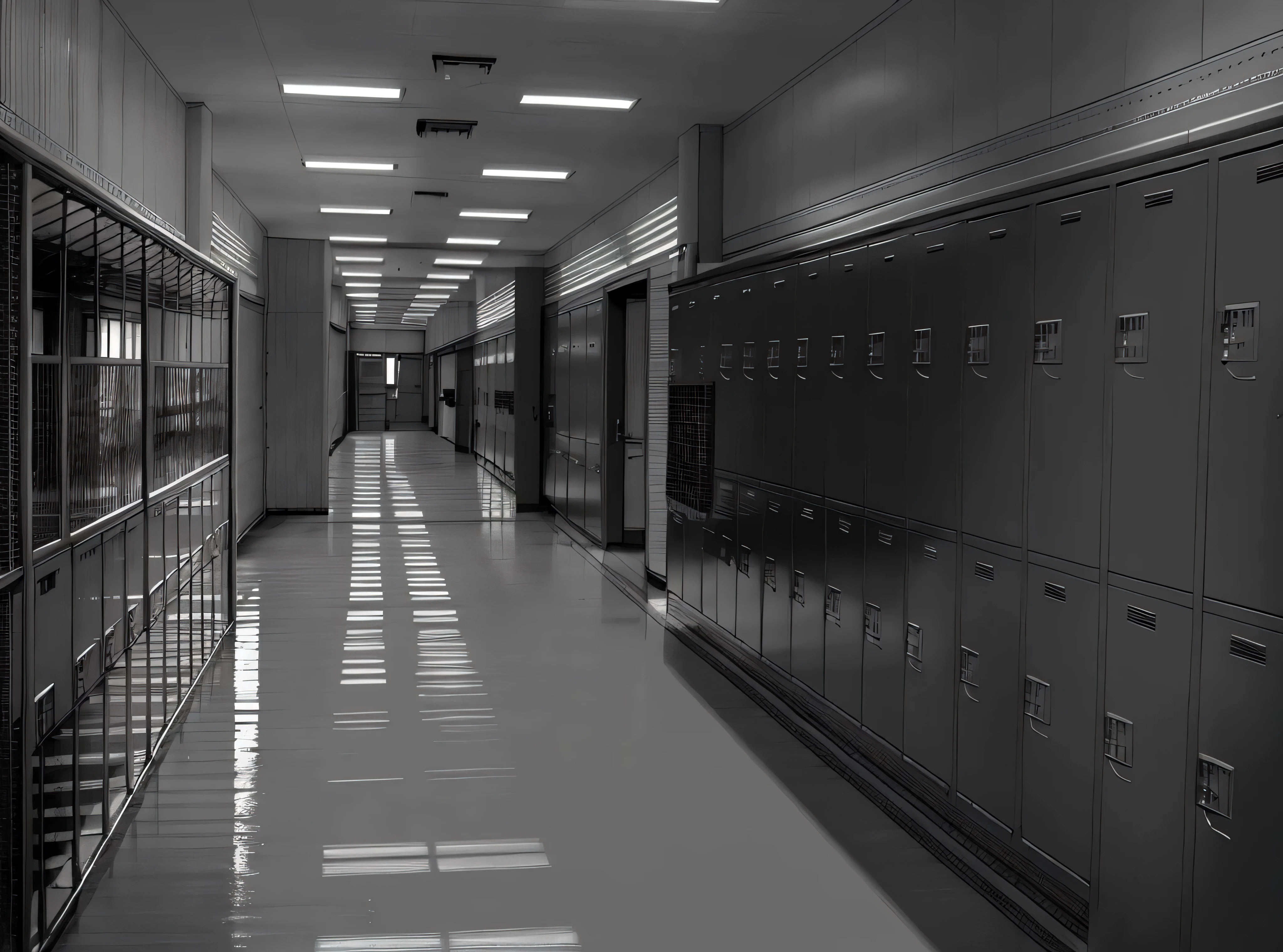 school hallway, high school, an empty hallway, hallways, lockers, long hallway, long hall way, adjacent hallways, , hallway, endless hallways, branching hallways, in the high school gym, an empty office hallway, infinite hallways line art, gray tones. manga