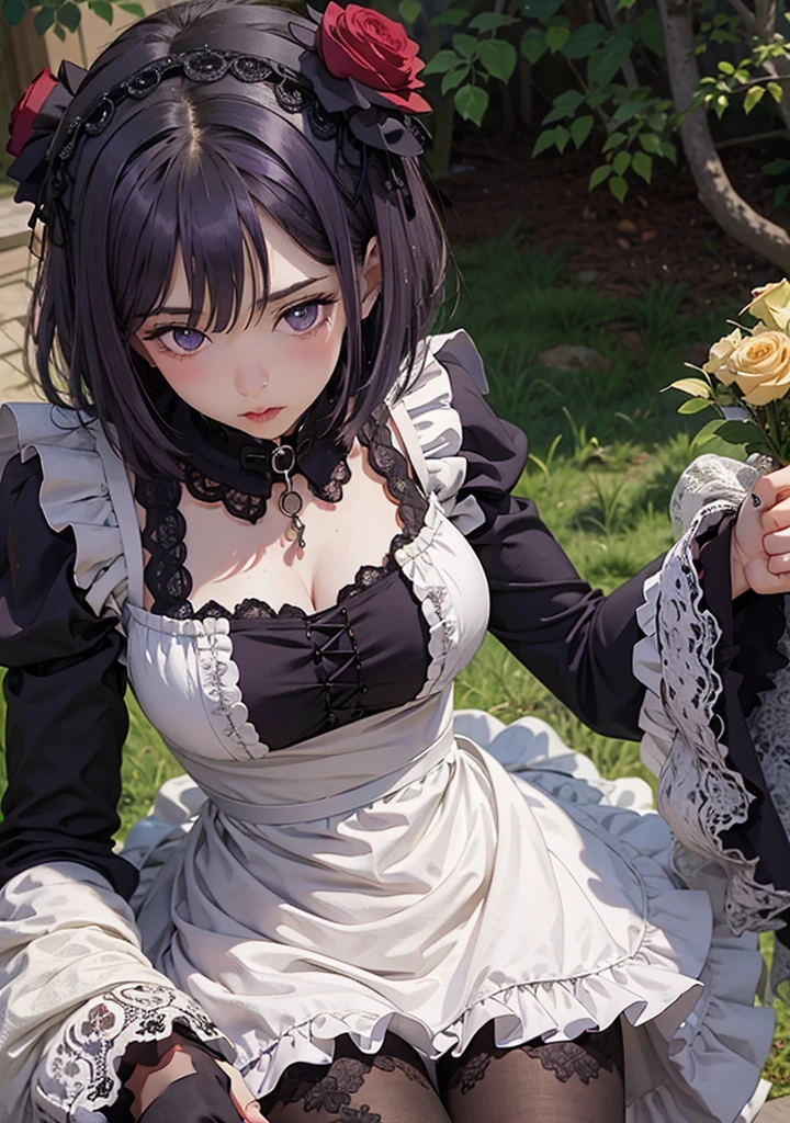 (((Young White Woman))), ((Best Quality)), ((Masterpiece)), (Detail: 1.4), MarinLora, blush, short hair, black hair, hair ornament, thighhighs, long sleeves, dress, purple eyes, purple hair, flower, pantyhose, hairband, frills, hair flower, wide sleeves, apron, black dress, , rose, floral print, lace, ****ta fashion, gothic ****ta (High dynamic range)