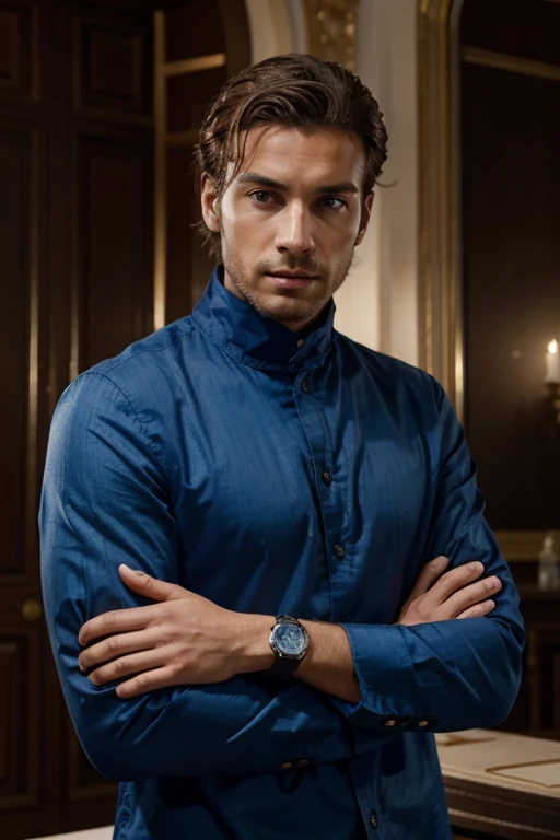 Un jeune homme pauvre, habillé salement mais riche, realiste, 4K, il doit etre brun au yeux bleu et une rolex a la main