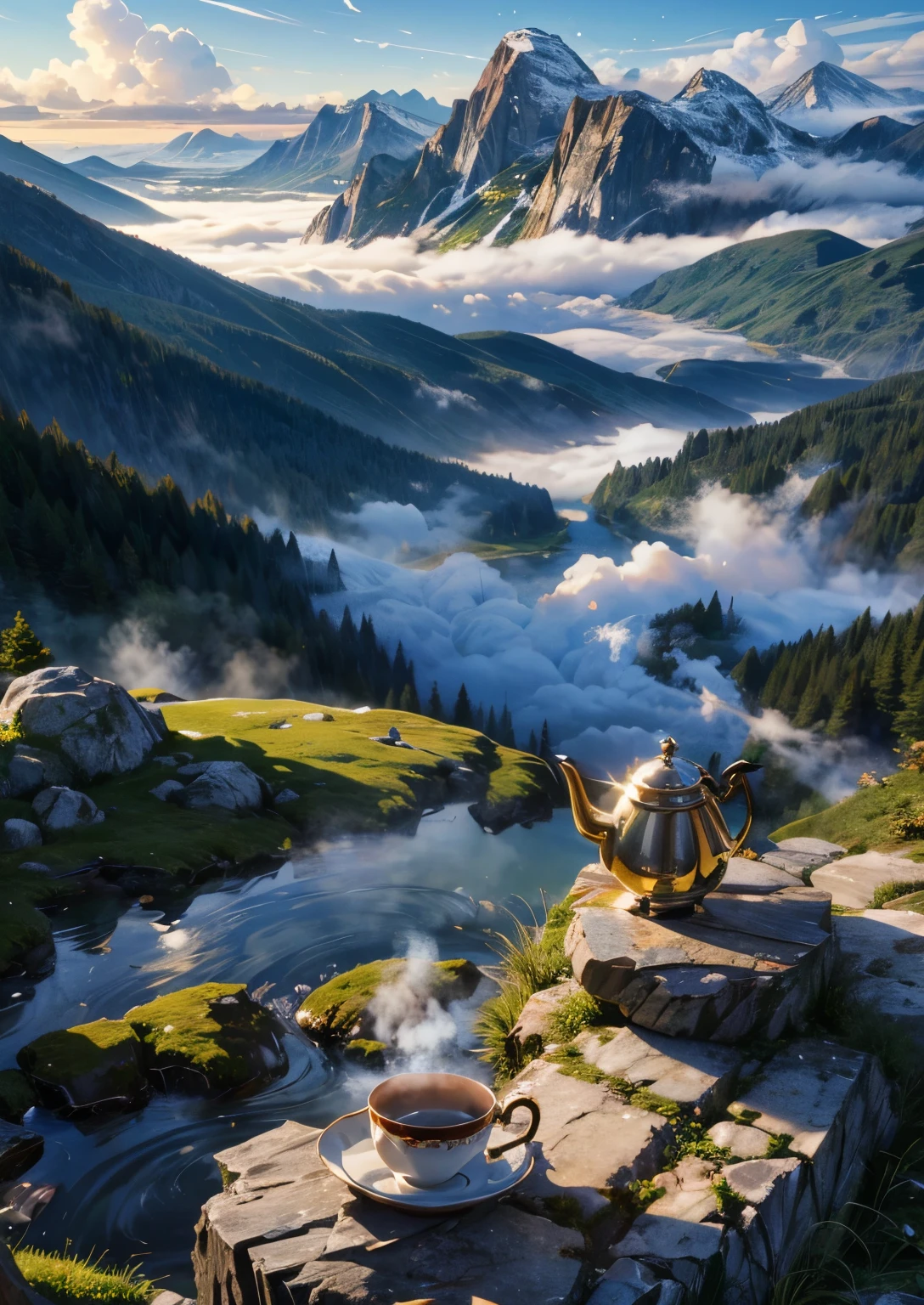 One Tea kettle and 2 teacups sitting on rock, highlands in background, (steam coming from cup), UHD, 8k detailed photo, no humans, hillside, Masterpiece , (2 teacups), scenic, beautiful countryside