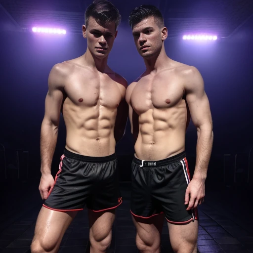 2 men pose, (((14 Jahre alt))), Sportliche Karosserie, atmospheric, Boxershorts mit gemustertem Text, square male face, fullbody view, Fokussiert auf das Gesicht, somber atmosphere, wet body