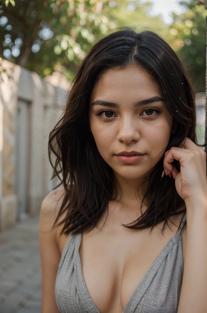 Photorealistic portrait of a 25-year-old mixed-race Colombian girl with long, flowing black hair and striking light-gray eyes. She should have a natural, approachable expression and be lit by soft, golden light. The background should be a picturesque outdoor setting, such as a sunny park or beach. Capture this image with a high-resolution photograph using an 85 mm lens for a flattering perspective.