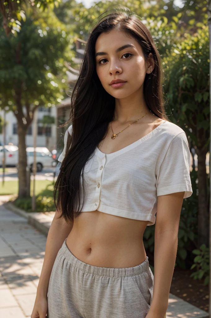 Photorealistic portrait of a 25-year-old mixed-race Colombian girl with long, flowing black hair and striking light-gray eyes. She should have a natural, approachable expression and be lit by soft, golden light. The background should be a picturesque outdoor setting, such as a sunny park or beach. Capture this image with a high-resolution photograph using an 85 mm lens for a flattering perspective.