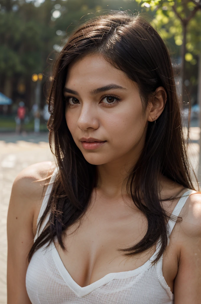 Photorealistic portrait of a 25-year-old mixed-race Colombian girl with long, flowing black hair and striking light-gray eyes. She should have a natural, approachable expression and be lit by soft, golden light. The background should be a picturesque outdoor setting, such as a sunny park or beach. Capture this image with a high-resolution photograph using an 85 mm lens for a flattering perspective.