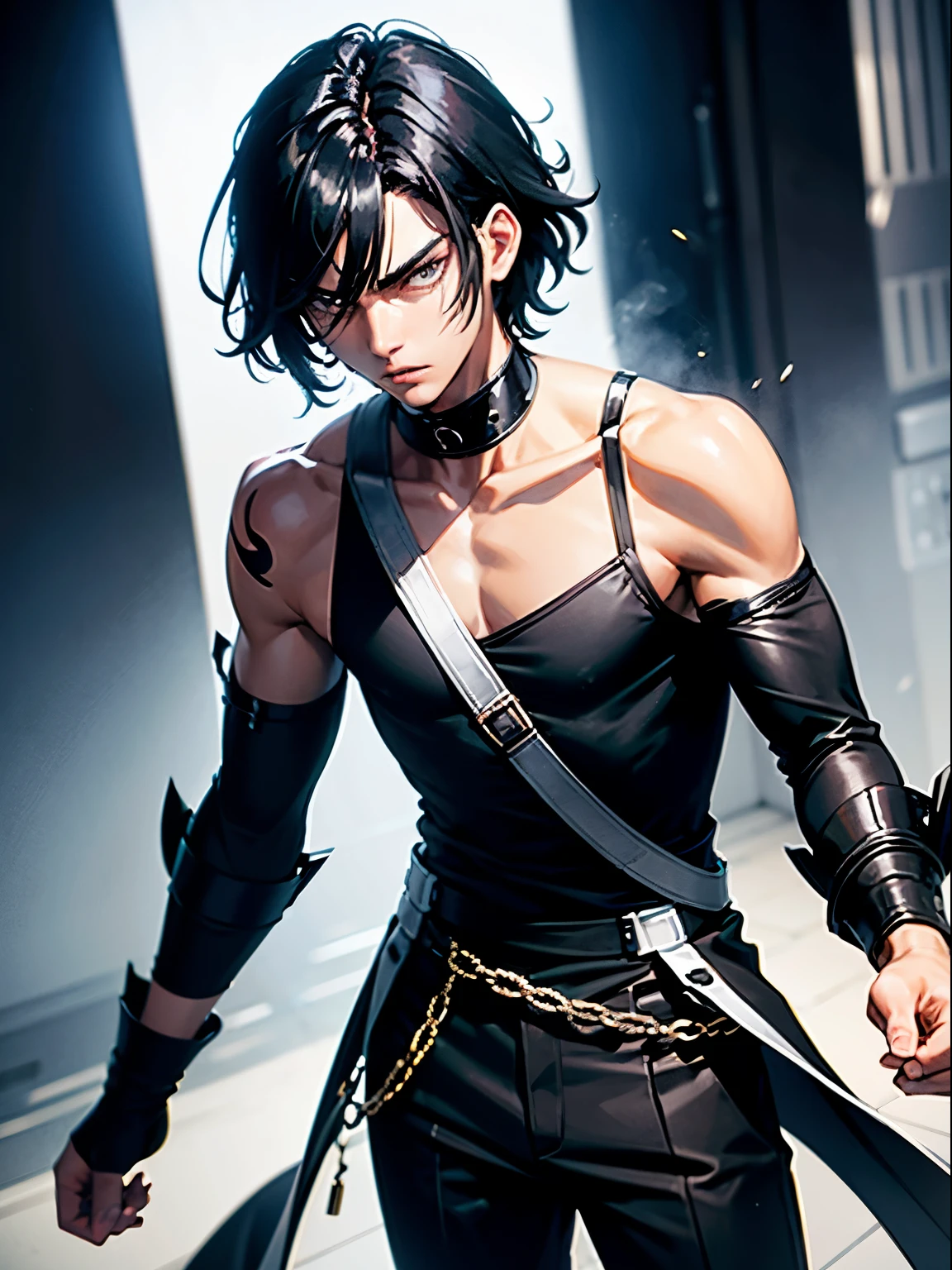 Teenager boy, black hair, shoulder-length black hair, white skin, black clothes, look in the camera, focus on face, facing the camera, male, solo, one person, angry, ready to fight