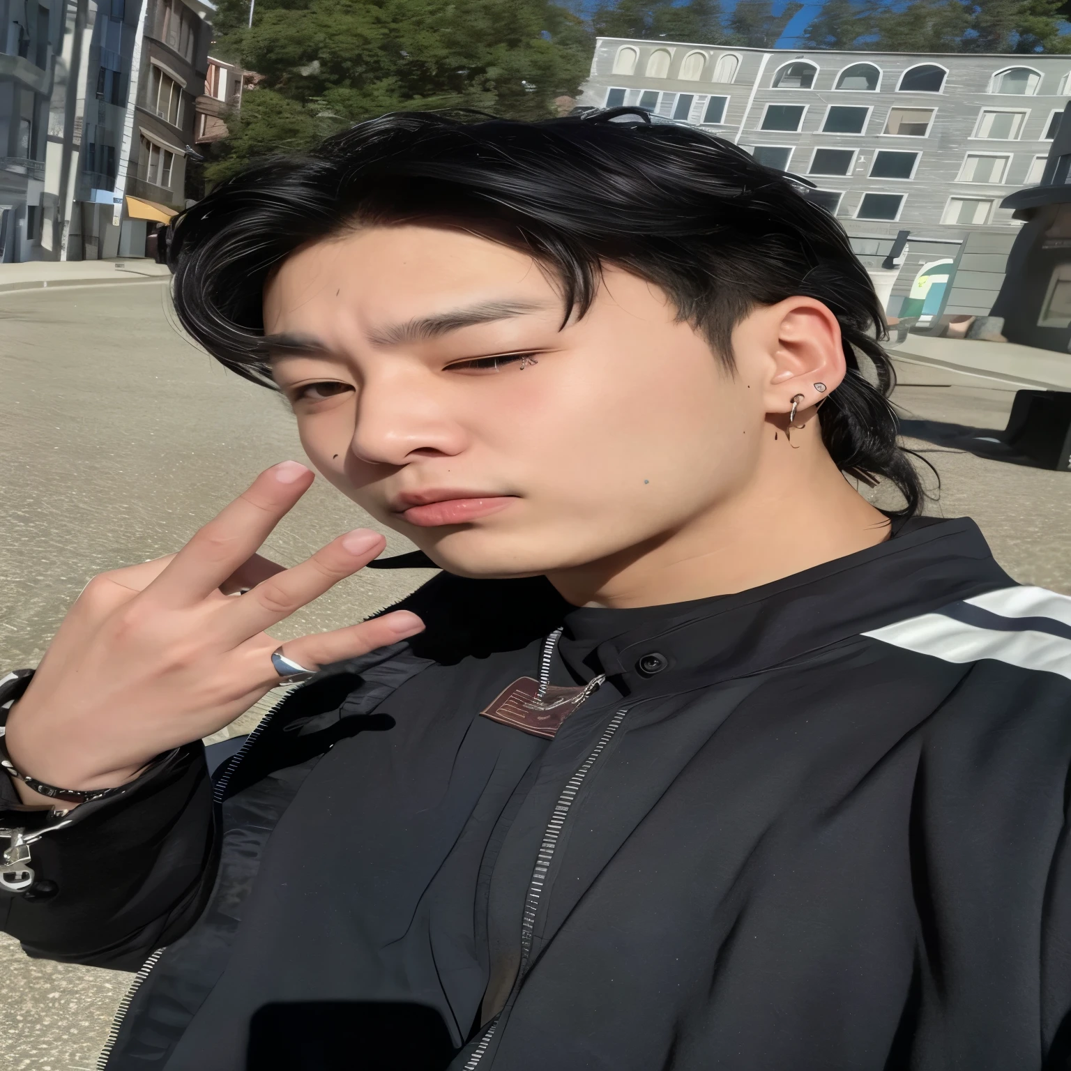 arafed asian man with black hair and piercings holding a peace sign, Hyung Tae, Cai Xukun, Hong June Hyung, Jinyoung Shin, Taejune Kim, Wan adorable cara coreana, jungkook, Kim Doyoung, Ulzzang masculino, Yanjun Chengt, Hombre surcoreano, Jung Jaehyun, Foto de perfil de la foto de cabeza, Hyung Tae kim