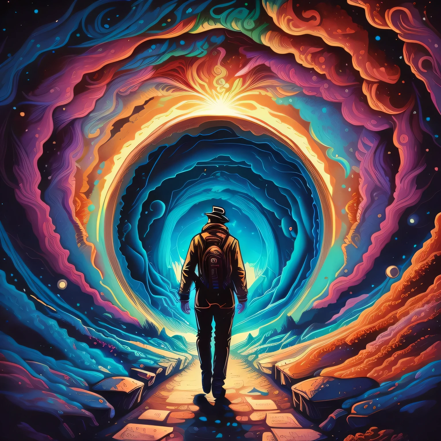 painting of a man walking through a tunnel in space time, swirls and glimpses of other places and dimensions, with a mountain in the background, psytrance artwork, progressive rock album cover, beautiful avatar pictures, (high detailed, best quality, masterpiece), UHD, 8k, entering the mind maze, beautiful render of a fairytale,