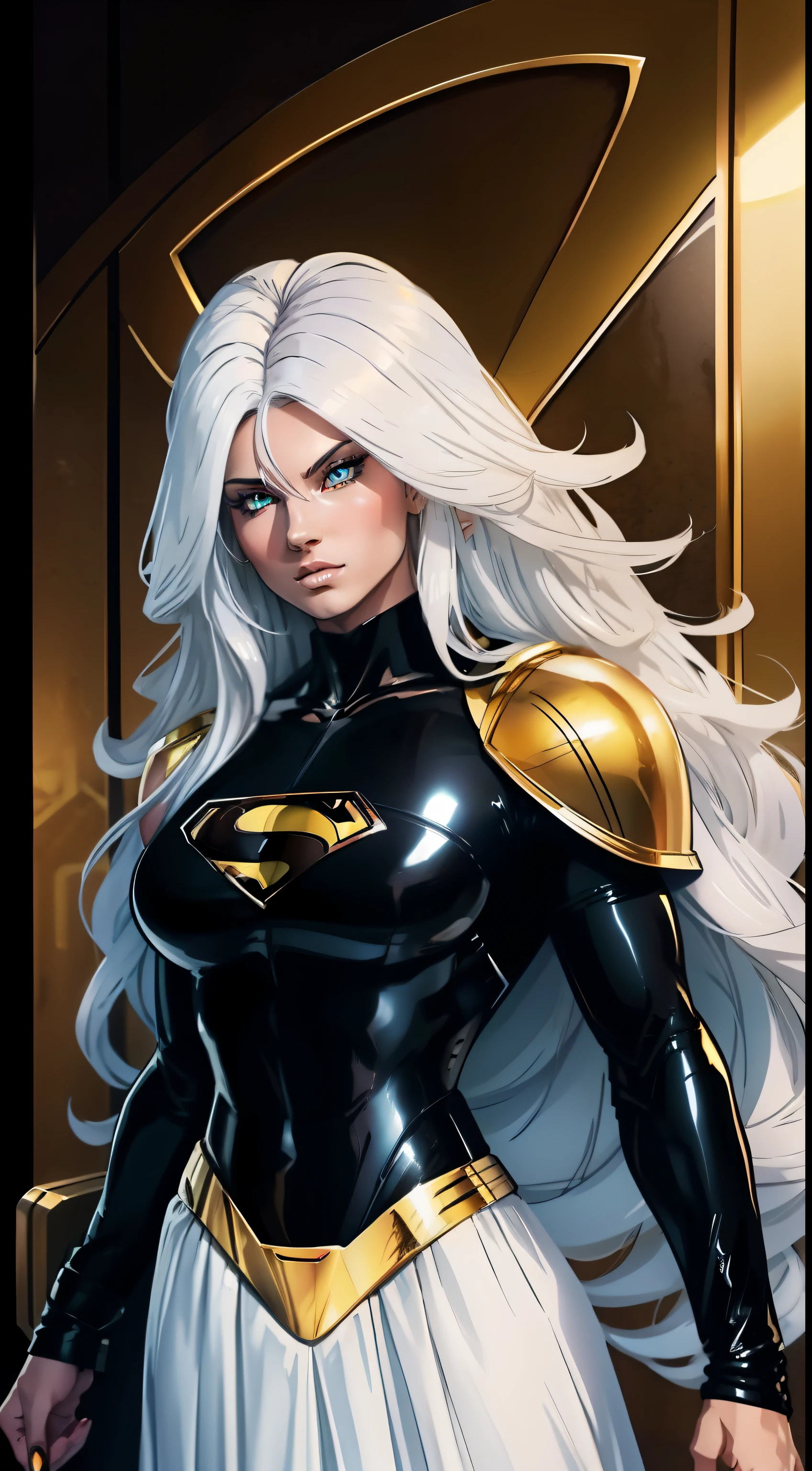 Uma mulher linda e sexy com longos cabelos brancos e olhos amarelos vestindo uma armadura preta e dourada do Superman
