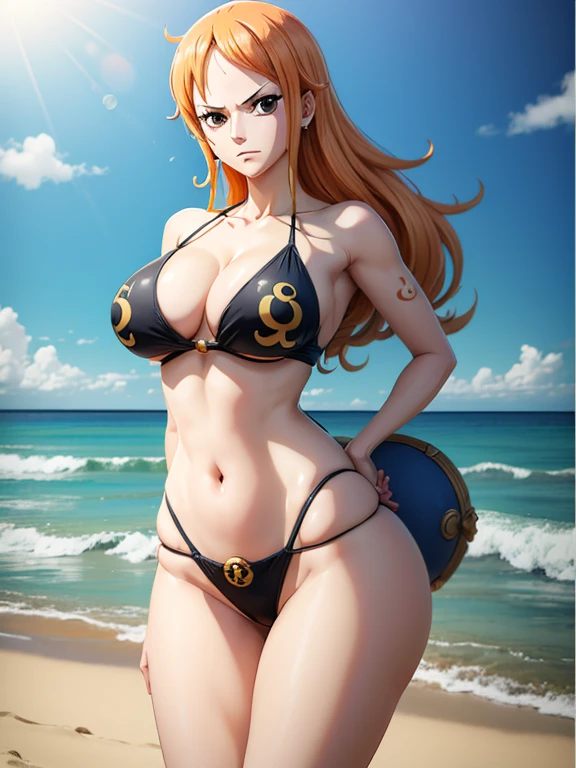 NSFW,nami de uma peca, estilo anime onepiece, rosto originao nami onepiece , cabelos longos e amarrados laranjado, deitada na areia de uma praia, com biquini preto, segunrando cabelos com as maos , corpo senseual, estilo de arte de anime, estilo anime de onepiece, desenho .