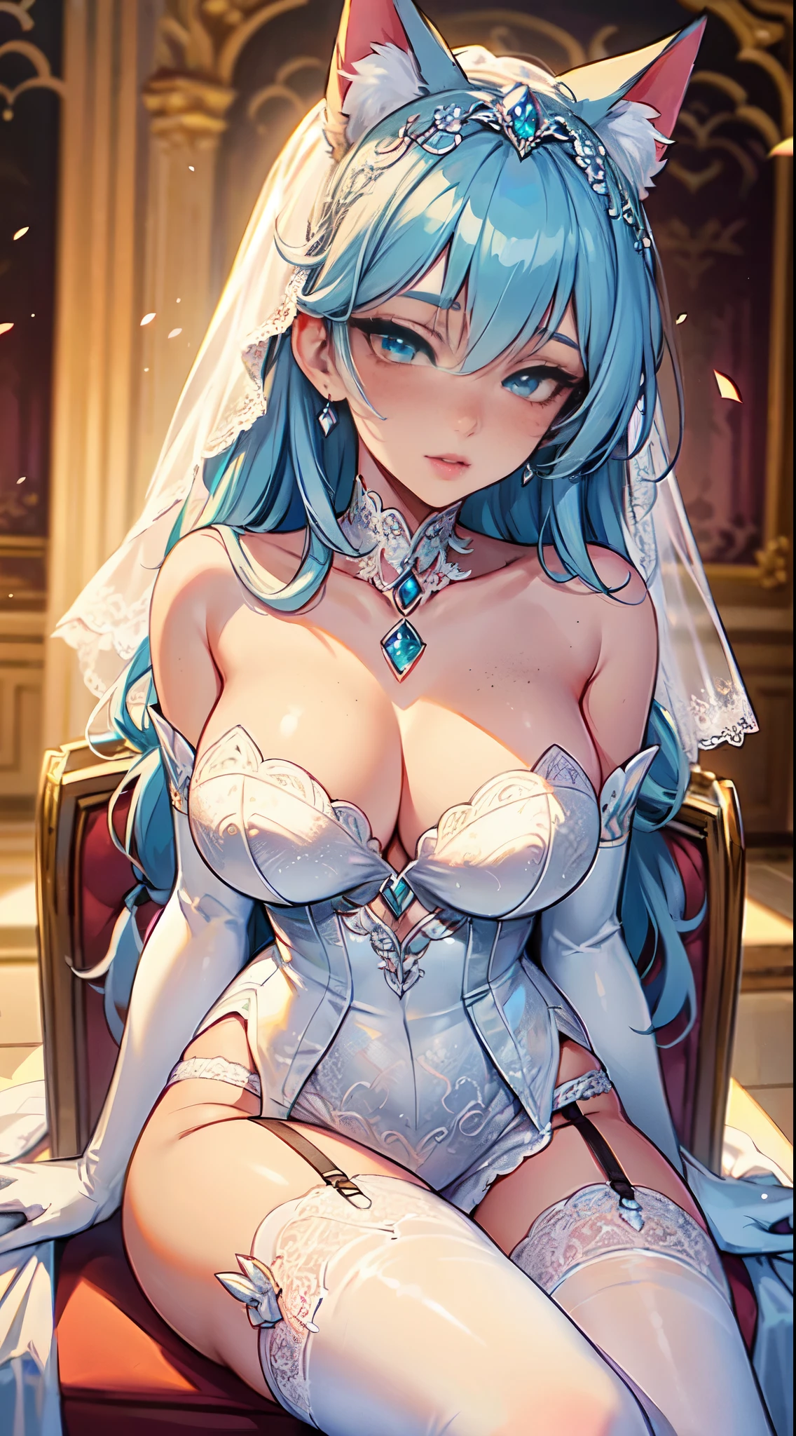 Masterpiece, high res, beautiful art, professional artist, 8k, art style by sciamano240, very detailed face, very detailed hair, 1girl, perfectly drawn body, beautiful face, long hair, light blue hair , very detailed blue vertical cat eyes, pouty lips , rosey cheeks, intricate details in eyes, extreme close up of face, see only head and neck, staring directly at viewer, wearing elegant wedding dress, jewellery, cat ears under veil, white elbow gloves, white stockings, garter belt, white elegant high heels, some freckles, wedding ring, extreme happiness expression, night wedding party setting, pov character sitting on a chair leg extended in front the viewer at the reception hall, full body view,