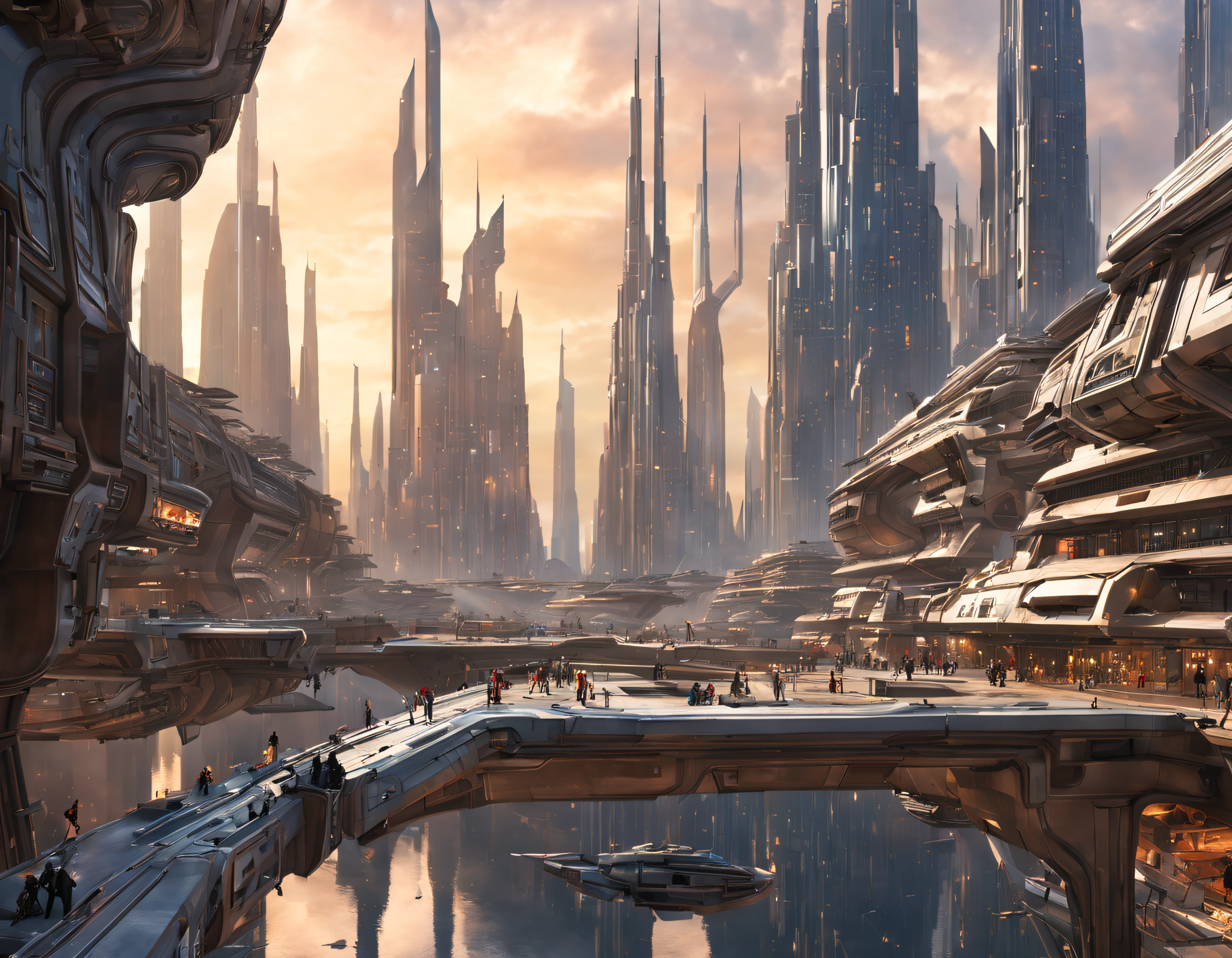 (The city of Coruscant from Star Wars as designed by Doug Chiang), futuristic fantasy city with immense buildings of technological design (que forman una avenida infinita), edificios compactor no difuminados con aspecto metalico, luces en ventanas en edificios, iluminacion diurna con sol, con estructuras acristaladas espectaculares, (con colores vivos). pavimento ensolado (sin brillo). gente paseando. imagen bien definida con muchos edificios juntos. imagen nitida bien definida 8k. los edificios llegan alta el fondo.,8k. imagen cinematografica
