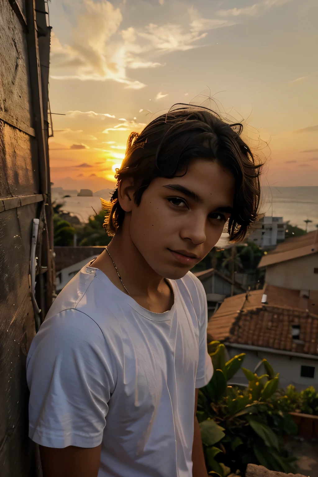 menino 13 anos, cabelo castanho claro. Na frente, por do sol ao fundo