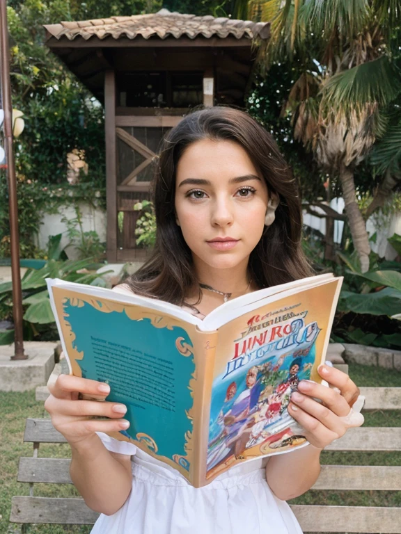 MULHER MAGRA CLARA LENDO LIVRO SENTADA CABELO REPICADO CASTANHO ESTILO DISNEY MODELO PIXAR