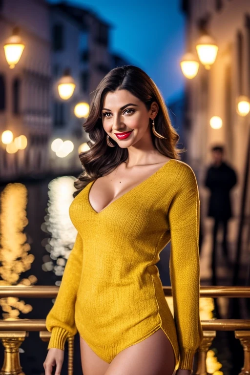 realistic photo, In this full-length body photo of an attractive Italian woman named Mirabella, 22, wearing jeans and a v-neck yellow sweater top, she is seen smiling. Tall, Slim, Oval Face, Dark Skin, Brown Hair, big blue Eyes, Short Nose, Full Lips, Prominent Chin, Shoulder Length Hair, Fine Hair, Loose, Wavy Curls, medium breasts, red lipstick, arms above head, Masterpiece, high resolution, 8k, award winning, RAW photo, high quality, 35mm photo, film grain, bokeh, professional, 4k, highly detailed, Masterpiece (Cinematic lighting: 1. 1), watching the Venice carnival late at night in the background