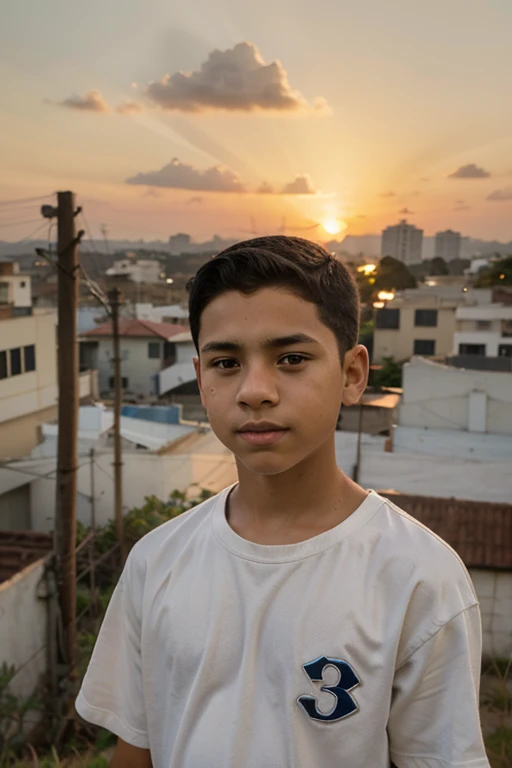 mixed race boy , cabelo castanho claro. Na frente, por do sol ao fundo,