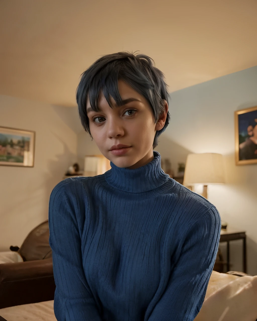 woman, ((blue short hair)) turtle neck sweater, evening in her apartment, warm light, PC