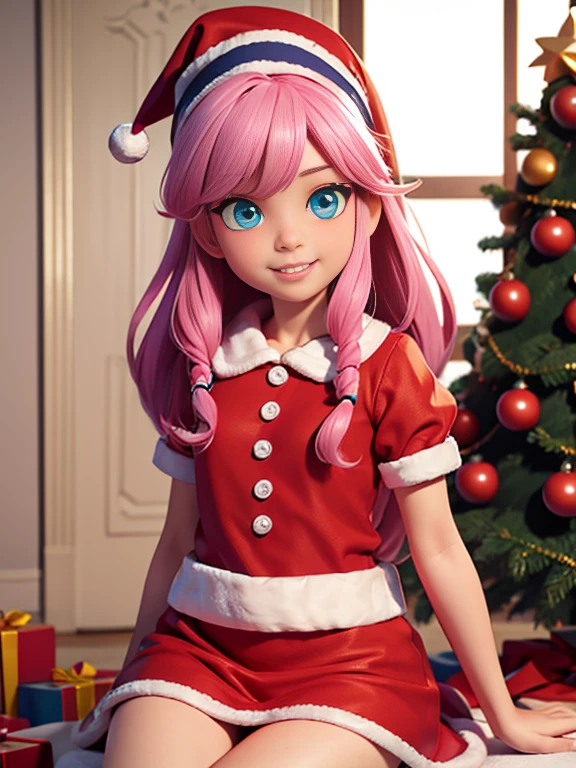 Super realistic 8K UHD image (((Masterpiece))), (((Best quality))), ((ultra definition)), of a beautiful and smiling 3d Pixar girl, blue eyes. pink hair. little red dress papa noel, opening Christmas presents next to the tree in the living room, 1 excited girl, bright pretty face
