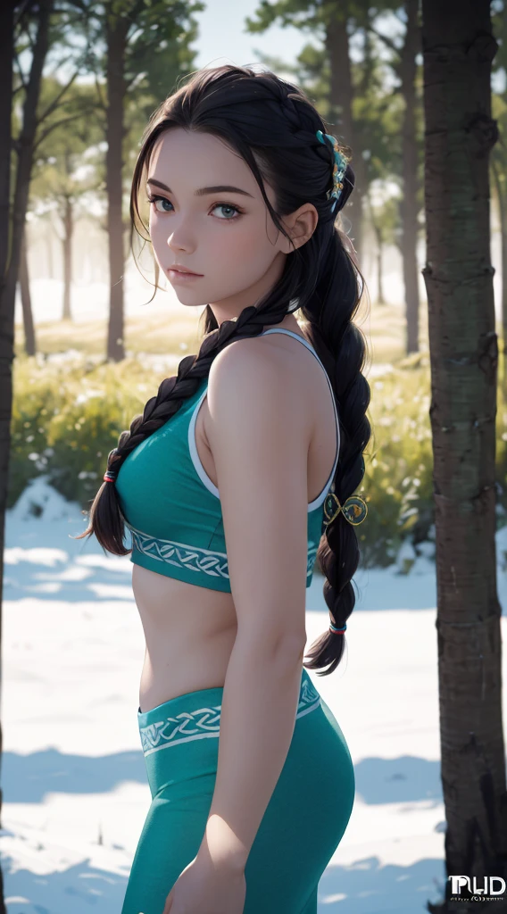 RAW, professional photograph, medium shot, photorealistic, realistic lights, realistic shadows, hyper-realistic, ray tracing, super detail, UHD, 8k, female, twenty years old, athletic body, soft facial features, long braided hair, Celtic hairstyle, straight hair, cyan hair, cyan eyes, Celtic clothing, forest in winter, sharp image