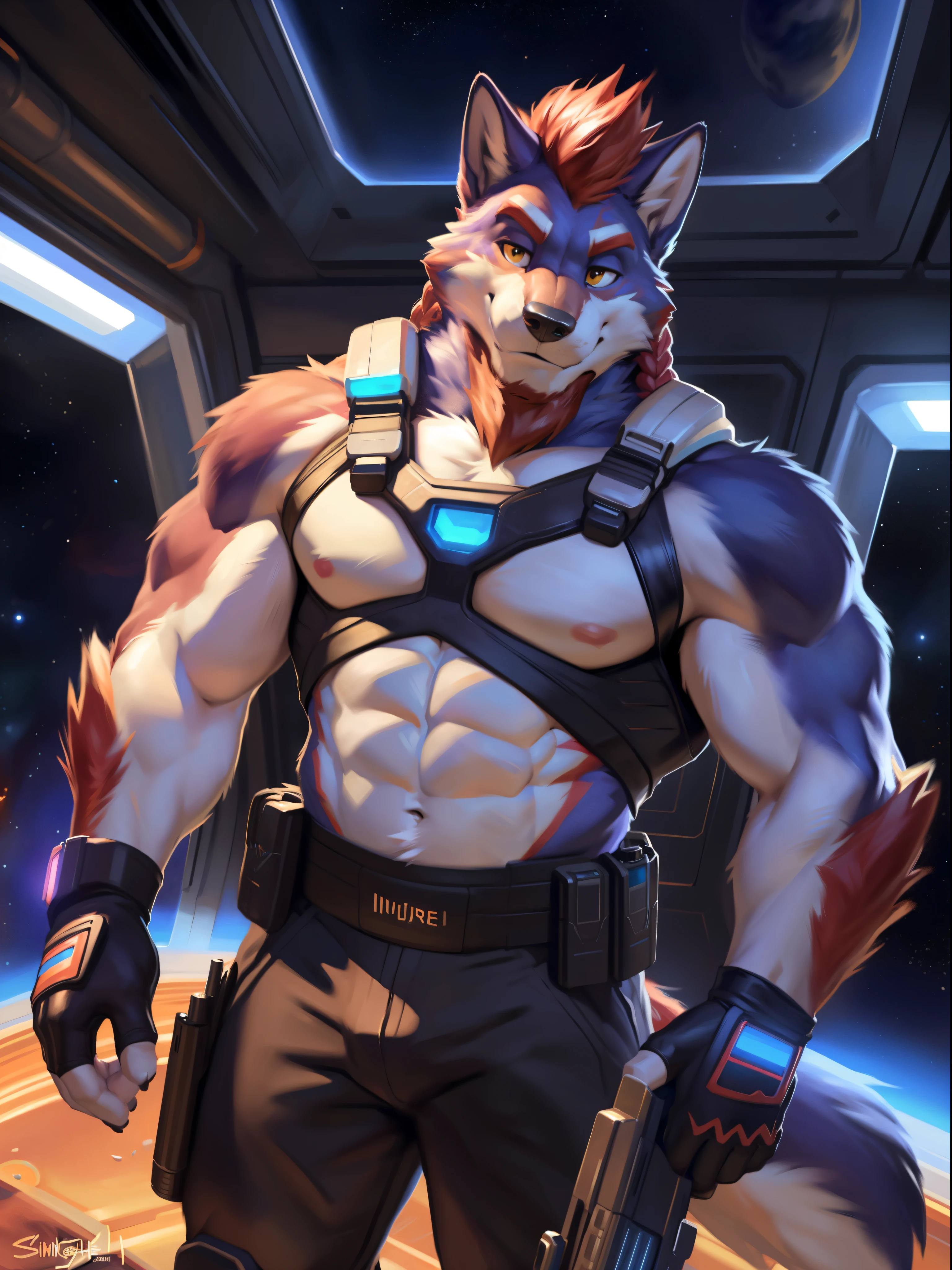 (by zackary911, by chunie, (by meesh:1.1), by null-ghost, by sigma x), Solo, standing, (Big muscles:1.4), wolf, (indigo fur:1.4), beige chest, beige belly, two-toned arms, Red hair, (twin battle braids), (braids on chest), red mohawk, yellow eyes, (full red beard), (red beard1.6), thick red eyebrows, looking at viewer, fingerless gloves, muscular male, futuristic armor, absurdres, high quality, wide dynamic view, white background, detailed eyes, black pupils, space room, holsters, guns, shotgun, pistol, cyber revealing gun vest, hand cuffs on arms