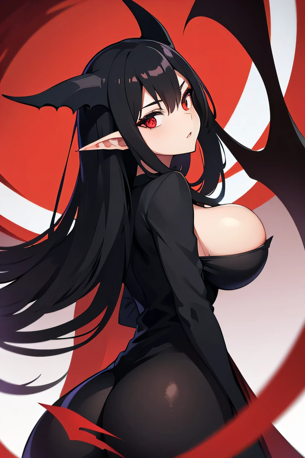 Long Black Hair,Succubus,Evil,Red Eyes,Gigantic Breasts,Black Shirt,Behind View