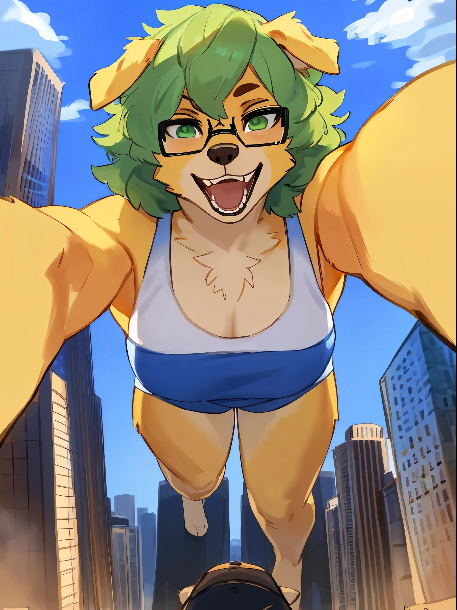 By bebebebebe, by lostgoose, by goonie-san, solo, female, standing, ((yellow fur, green hair, snout)), golden retriever, canine, messy hair, wavy hair, short hair, smirking, hungry expression, evil expression, ((glasses, green eyes)), looking down at viewer, (macro, towering over viewer, looming), open mouth, city, tank top, short shorts, on her knees, (imminent vore, prey pov, grabbing viewer, holding viewer)