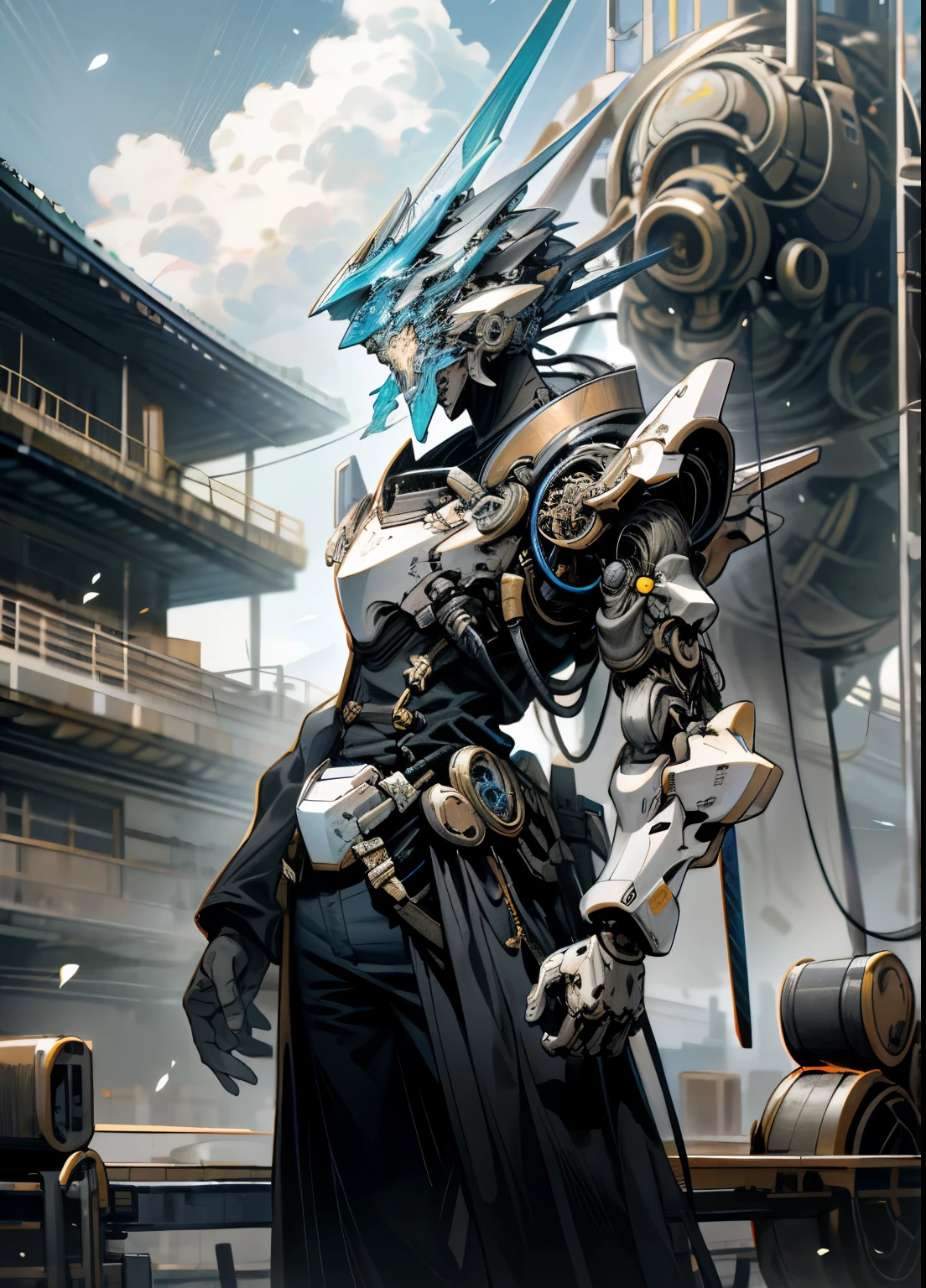 in sky, Nuvens brancas flutuam, and a mechanical warrior stands alone in front of a futuristic building with weapons in his hands, seus olhos brilhando. The board is full of science fiction, lembra o enredo daqueles romances da era da alta tecnologia. The realism of the city and the science fiction coldness of the mechanical world are intertwined, formando uma cenadora sonhadora e real, what is the real and unreal of this world.