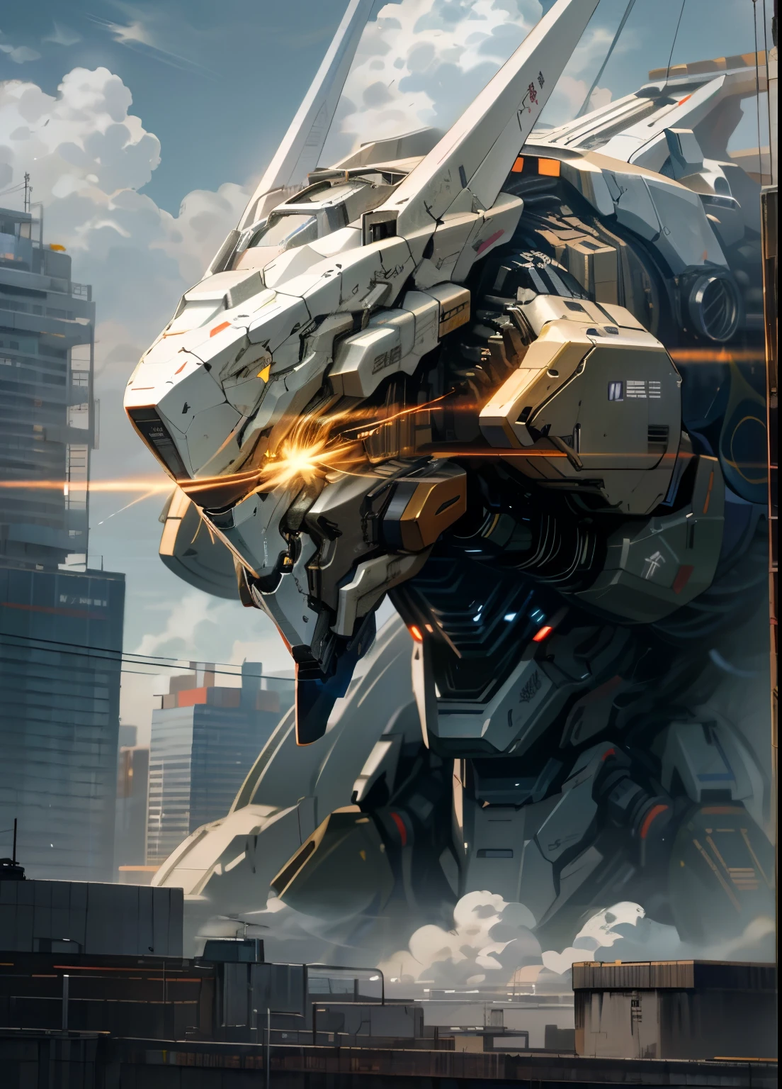sky, cloud, holding_weapon, no_humans, glowing, , robot, building, glowing_eyes, mecha, science_fiction, city, realistic,mecha