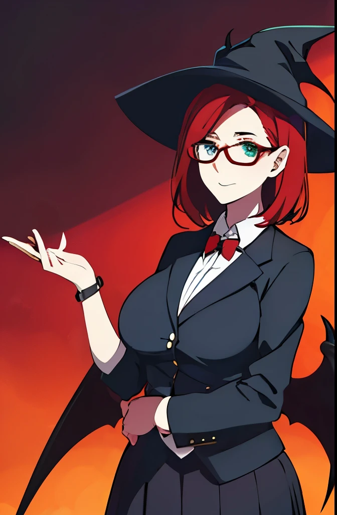 Tall girl, mommy, round glasses, witch hat, bat wings, devil wings, succubus wings, college outfit, redhead, short hair, red hair, crimson hair, blue eyes, green eyes, curvy, social clothes, professional looking, big breasts, school uniform