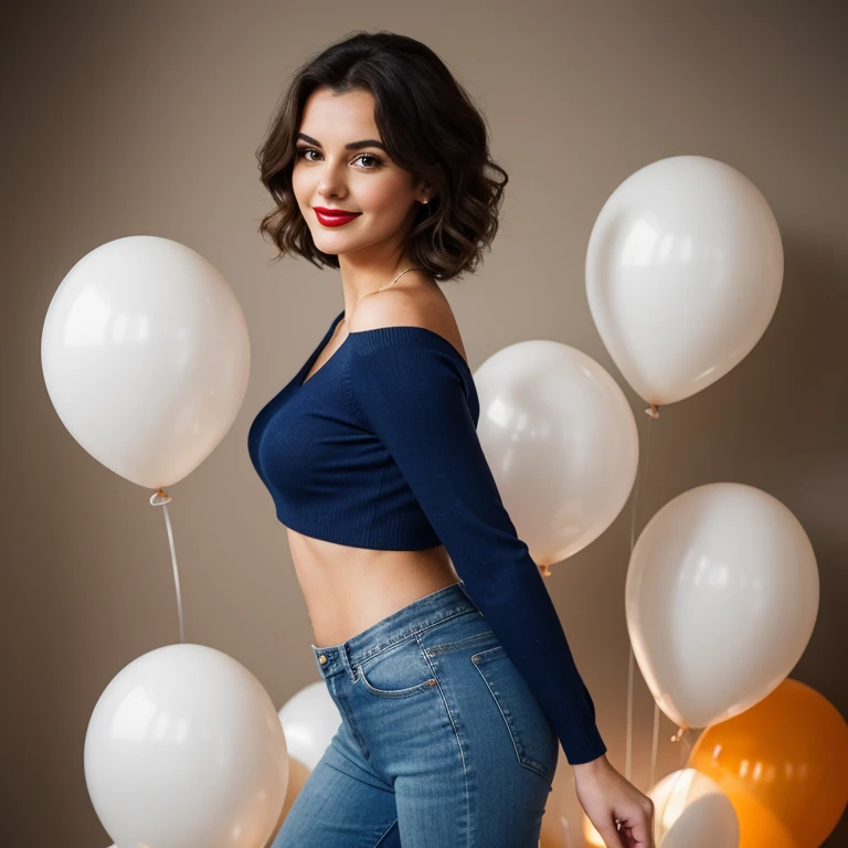 realistic photo, In this full-length body photo of an attractive Italian woman named Mirabella, 22, wearing jeans and a v-neck blue sweater top, she is seen smiling. Tall, Slim, Oval Face, Dark Skin, Brown Hair, big blue Eyes, Short Nose, Full Lips, Prominent Chin, Shoulder Length Hair, Fine Hair, Loose, Wavy Curls, medium breasts, red lipstick, arms above head, Masterpiece, high resolution, 8k, award winning, RAW photo, high quality, 35mm photo, film grain, bokeh, professional, 4k, highly detailed, Masterpiece (Cinematic lighting: 1. 1), portrait photo of beautiful young woman from the 60s wearing an orange turtleneck standing in the middle of a ton of white balloons,