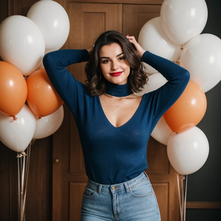realistic photo, In this full-length body photo of an attractive Italian woman named Mirabella, 22, wearing jeans and a v-neck blue sweater top, she is seen smiling. Tall, Slim, Oval Face, Dark Skin, Brown Hair, big blue Eyes, Short Nose, Full Lips, Prominent Chin, Shoulder Length Hair, Fine Hair, Loose, Wavy Curls, medium breasts, red lipstick, arms above head, Masterpiece, high resolution, 8k, award winning, RAW photo, high quality, 35mm photo, film grain, bokeh, professional, 4k, highly detailed, Masterpiece (Cinematic lighting: 1. 1), portrait photo of beautiful young woman from the 60s wearing an orange turtleneck standing in the middle of a ton of white balloons,
