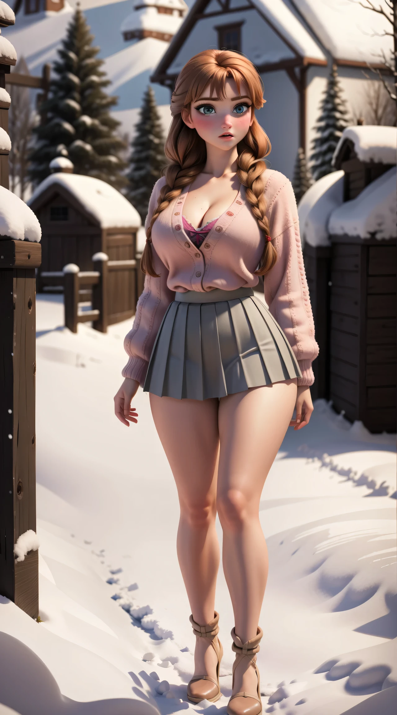 woman, ((Masterpiece, best quality)), full body view, sexy, bursting huge breasts, detailed skin, Anna from Frozen clothes, highly detailed, cinematic lighting, ultra realistic, blush, looking at viewer,  anna, anna from frozen, princess, disney, brown hair, long hair, portrait, outdoor, snow,  cleavage,  large breasts,  wide hips, full body view, tall, 
skirt, miniskirt, microskirt, pleated skirt, thighs,