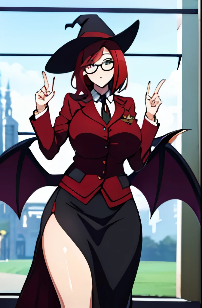 Tall girl, mommy, round glasses, witch hat, bat wings, devil wings, succubus wings, college outfit, redhead, short hair, red hair, crimson hair, blue eyes, green eyes, curvy, social clothes, professional looking, big breasts, school uniform