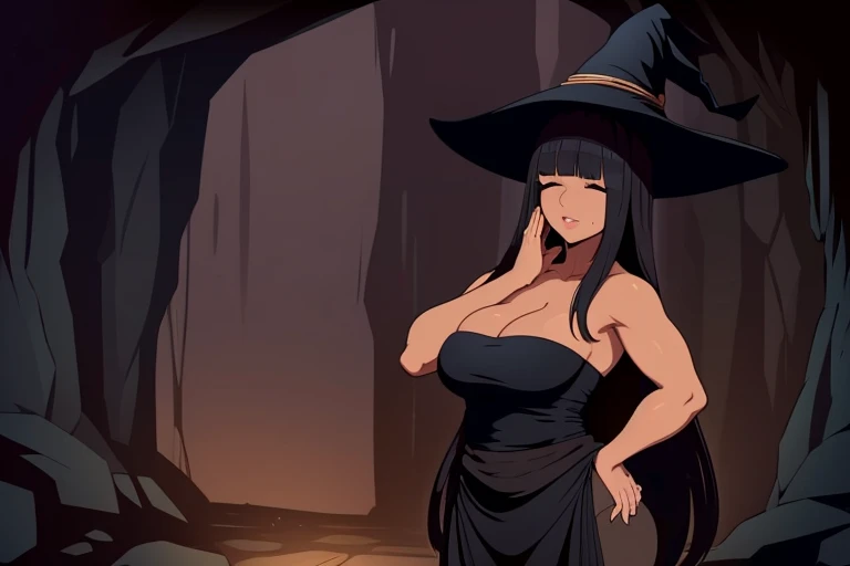 y witch, (((Bangs Covering Eyes))), black hair, thick lips.Long hair. Dark skin, full body standing , (((Hands on waist))), Black dress, cle Strapless dress,Thick thighs, big breastsh dress. Witcat, inside a cave, walking sexually. Skirt that wrap