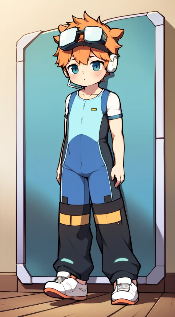 Two-dimensional boy Shota,One-piece hiking suit,cow horn,Cow ears,Wear the headphones on your head,Stood up,protective goggles,athletic sneakers