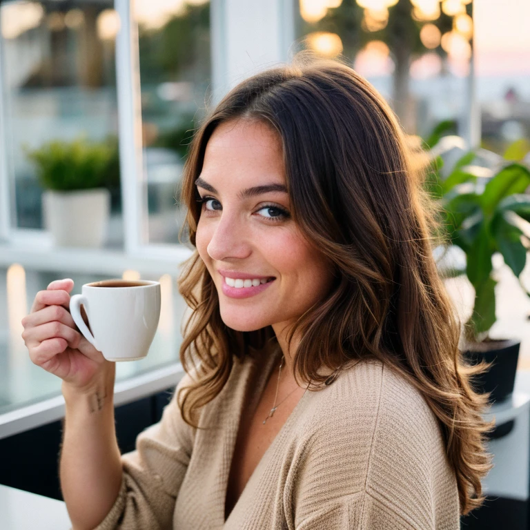 Belle brune portant un pull beige (Holding a cup of coffee in a modern café at sunset), Very detailed, 21 ans, visage innocent, natural wavy hair, yeux bleus, High resolution, Masterpiece, Best quality, Intricate details, highly detailed, mise au point nette, detailed skin, realistic skin texture, texture, detailled eyes, professionnel, 4K, sourire charmant, filmed in Canon, 85 mm, faible profondeur de champ, Couleur Kodak Vision, perfect fit body, Extremely detailed, photographier_\(ultra\), photoreallistic, Realstic, Post-traitement, maximum details, roughness, real life, ultra realist, photorealism, photographie, 8K UHD, photographie
